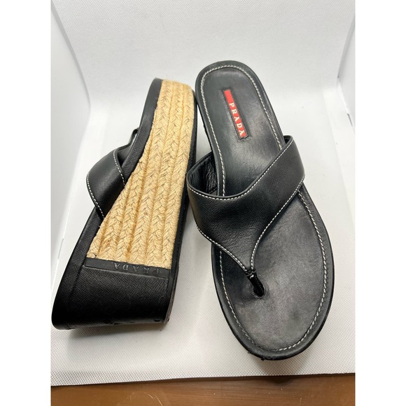 Prada Black Leather Wedge Thong Sandals - Picture 6 of 10